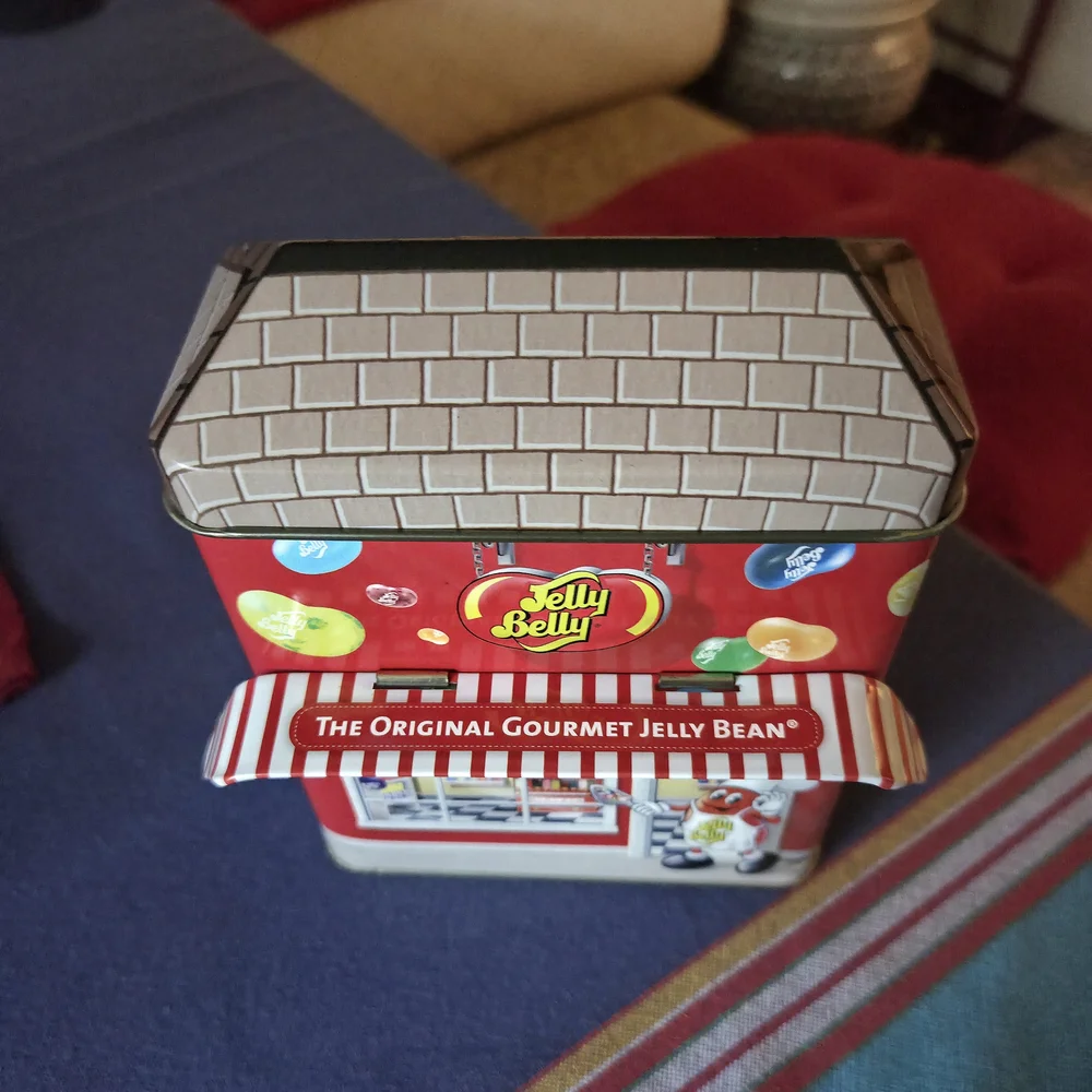 Jelly Belly Graphic Tin Bank with Moveable Awning Red White